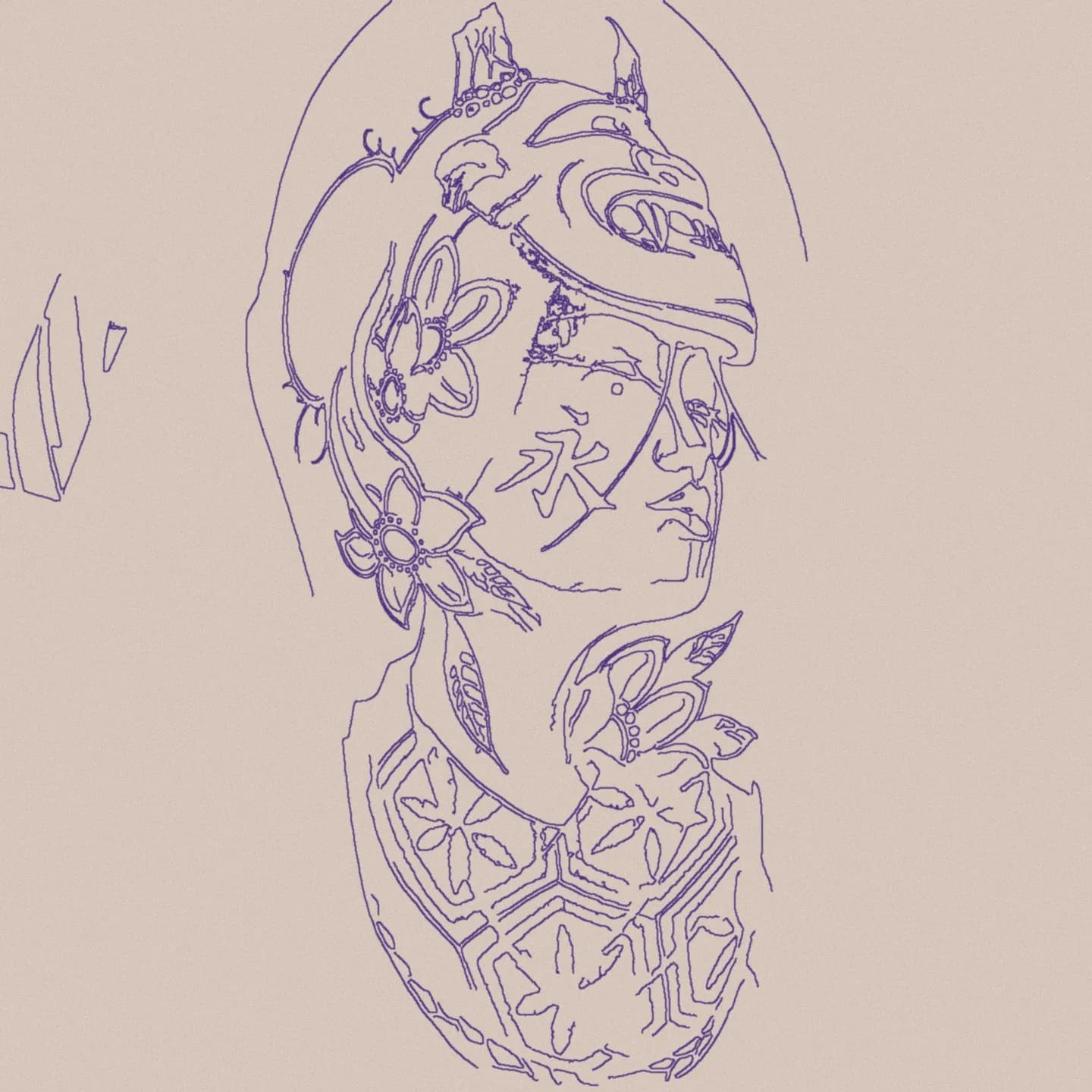 The purple thermal stencil of the geisha design, before tattooing